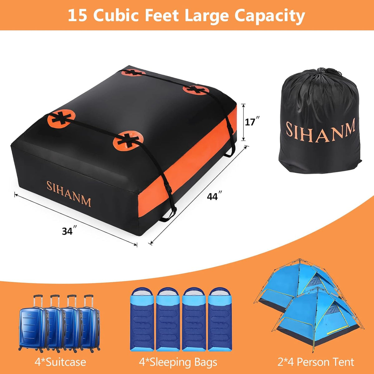 15 Cubic Feet Waterproof Car Roof Cargo Carrier with Anti-Slip Mat K338851