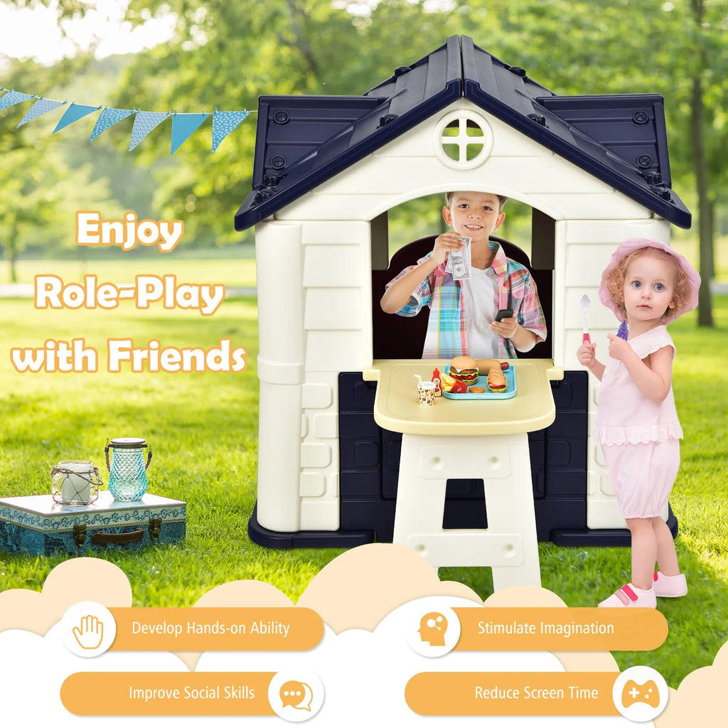 Blue Playhouse Games Cottage with 7 PCS Toy Set and Waterproof Cover A892