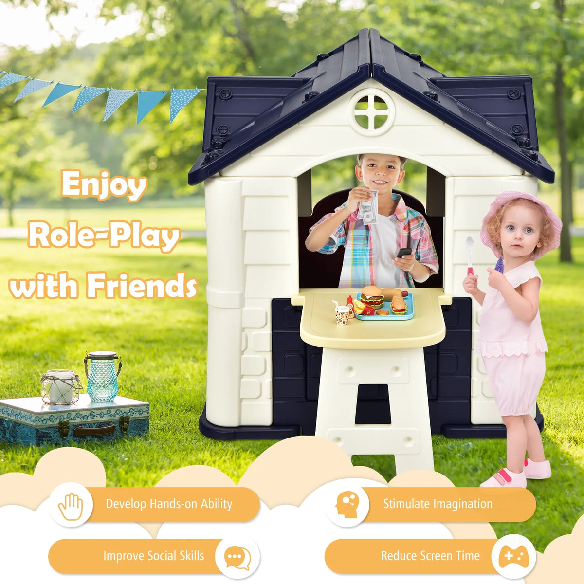 Blue Playhouse Games Cottage with 7 PCS Toy Set and Waterproof Cover A892