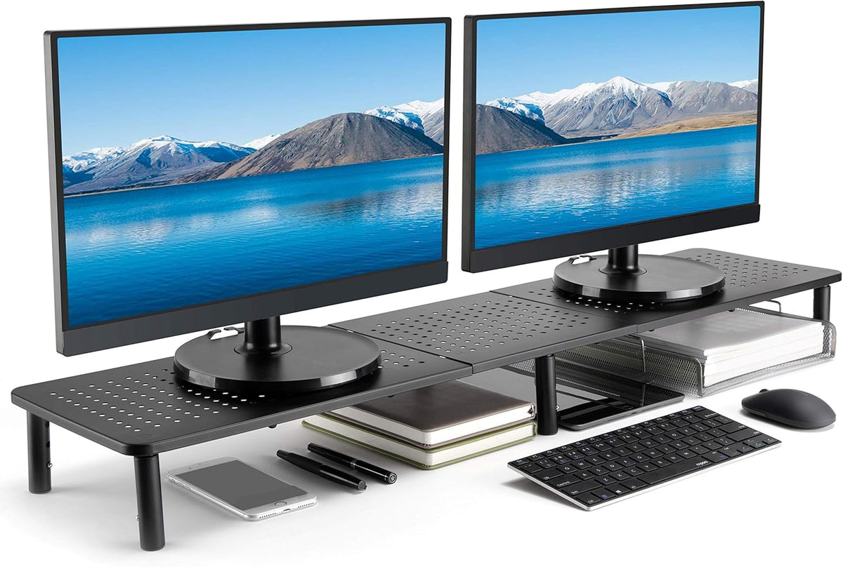 Dual Monitor Stand Riser, Adjustable Legs, Matte Black Steel, Pack of 2 E600