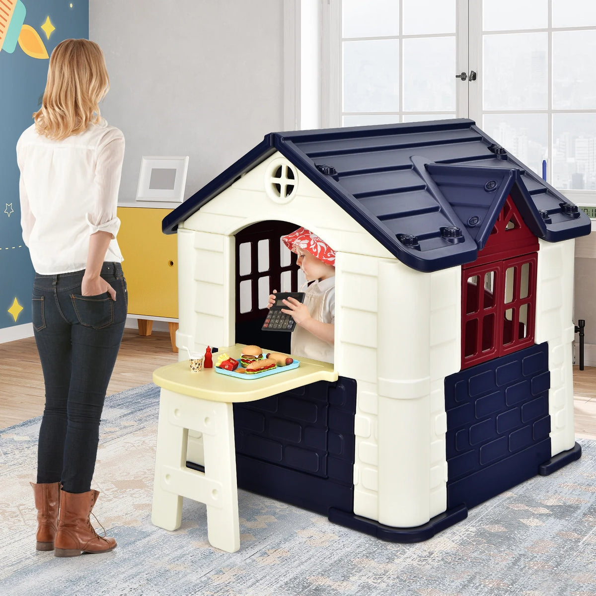 Blue Playhouse Games Cottage with 7 PCS Toy Set and Waterproof Cover A892