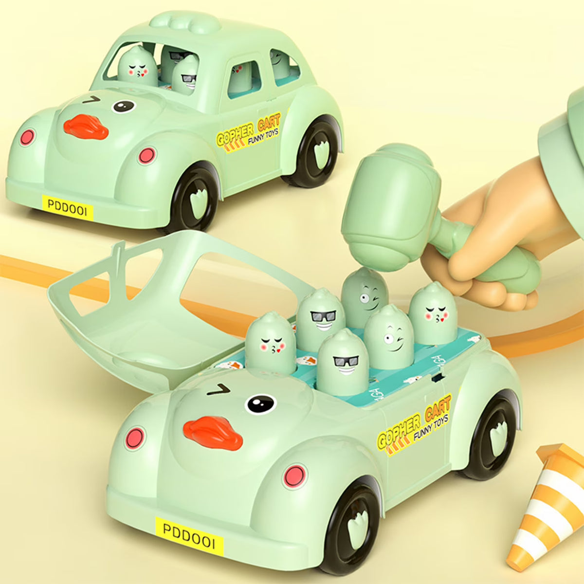 Whack a Mole Game Hammering Pounding Learning Toy with Cute Duck Friction Powered Car, Mallets, Baby Early Developmental Board Games F7074