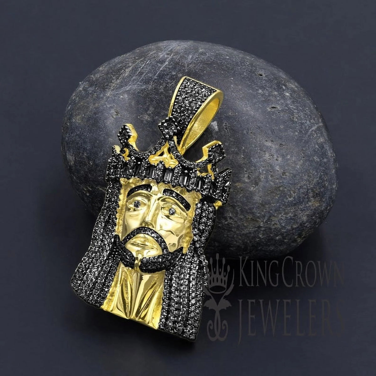 Real Yellow Gold Sterling Silver Black Simulated Diamonds Jesus Face Pendent Charm 2.25'' V270
