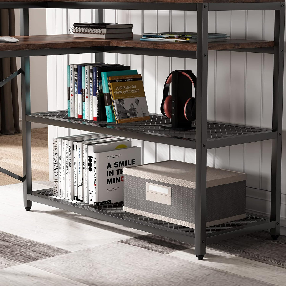 L Shaped Desk with Monitor Stand and Storage Shelf Y90798