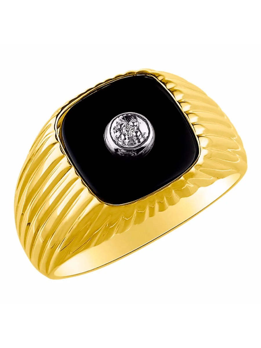 Gold Plated Silver Halo Diamond and Genuine Black Onyx Rings C5518