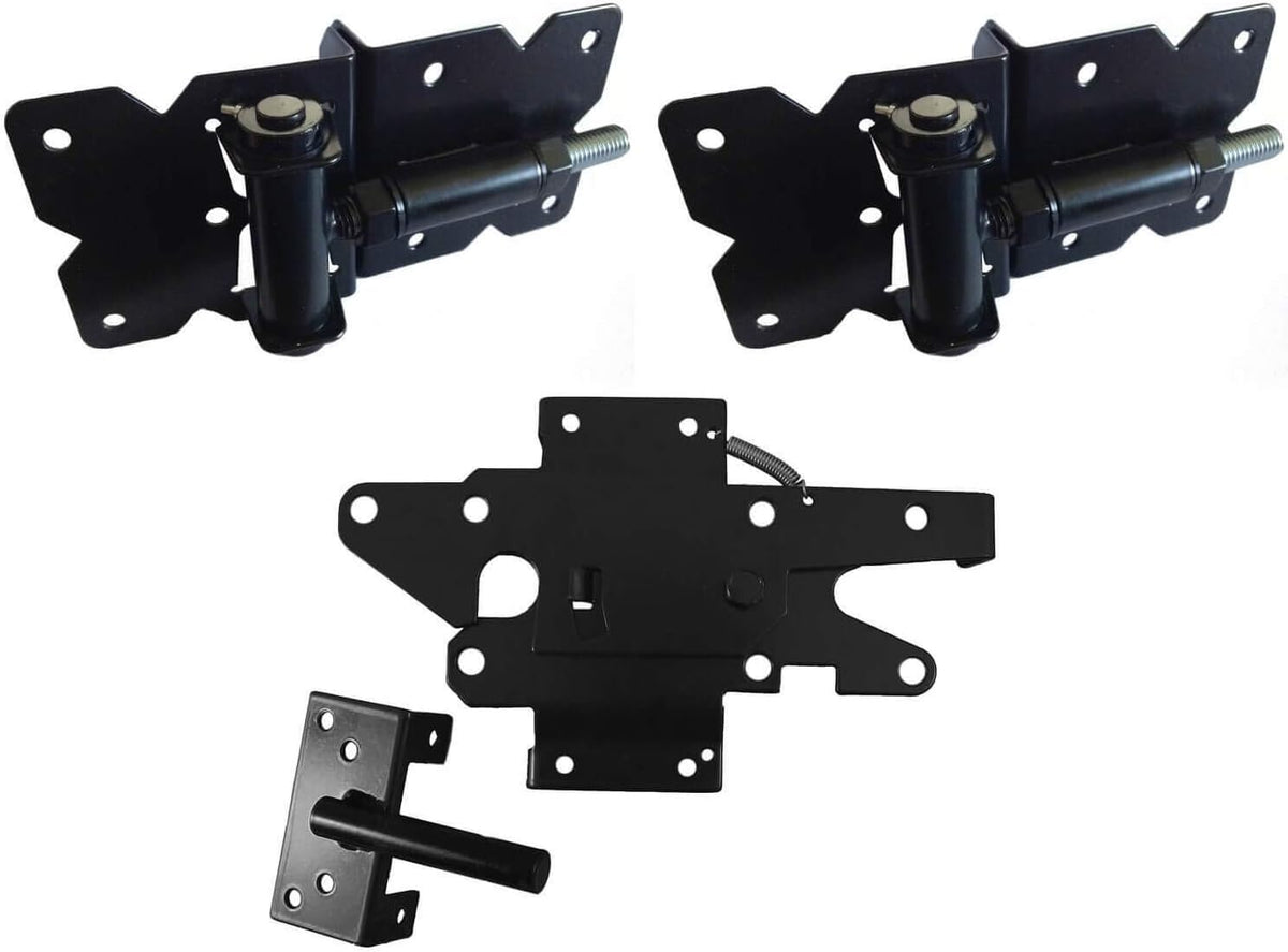 Black Double Fence Gate Hardware Kit with 4 Hinges, 1 Latch, 1 Drop Rod H3738