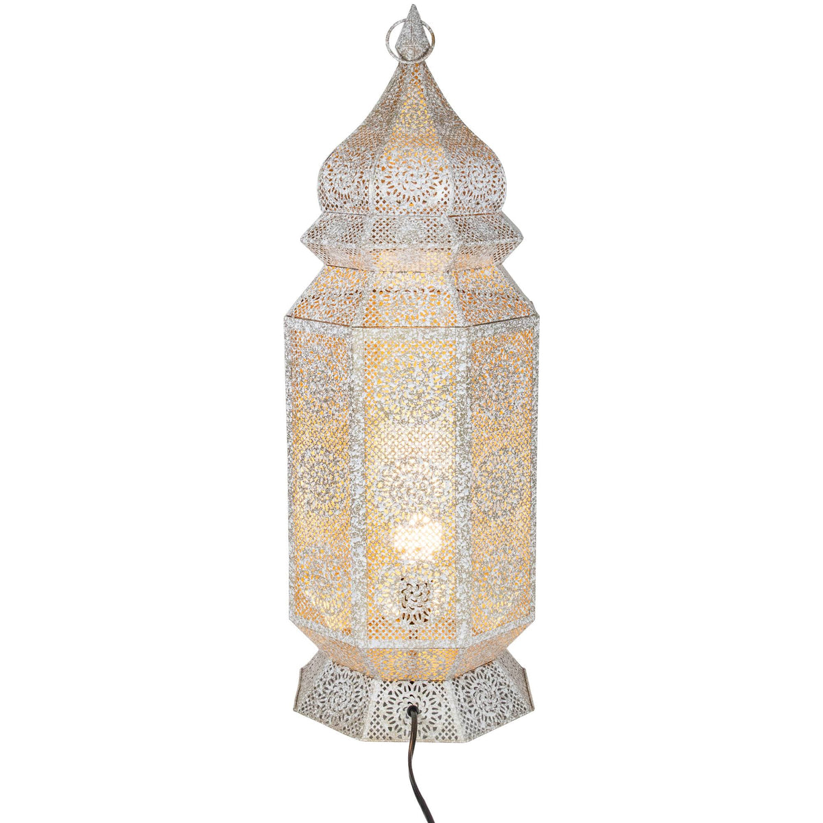 Distressed White and Gold Moroccan Cut-Out Floor Lantern Lamp U89694