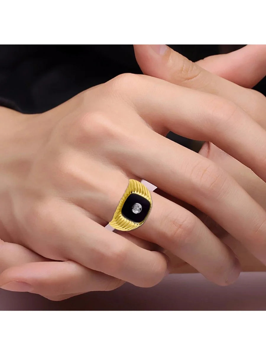 Gold Plated Silver Halo Diamond and Genuine Black Onyx Rings C5518