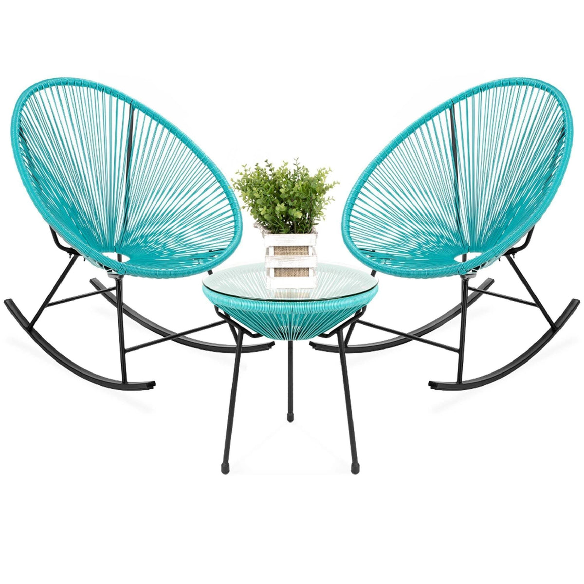Blue 3-Piece Patio Bistro Furniture Set with Rocking Chairs and Table Q1284