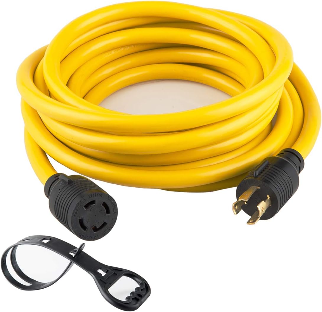 25FT Heavy Duty Generator Locking Power Cord NEMA L14-30P/L14-30R, 4X10 Gauge SJTW Cable, 125/250V 30Amp 7500 Watts Yellow N52083