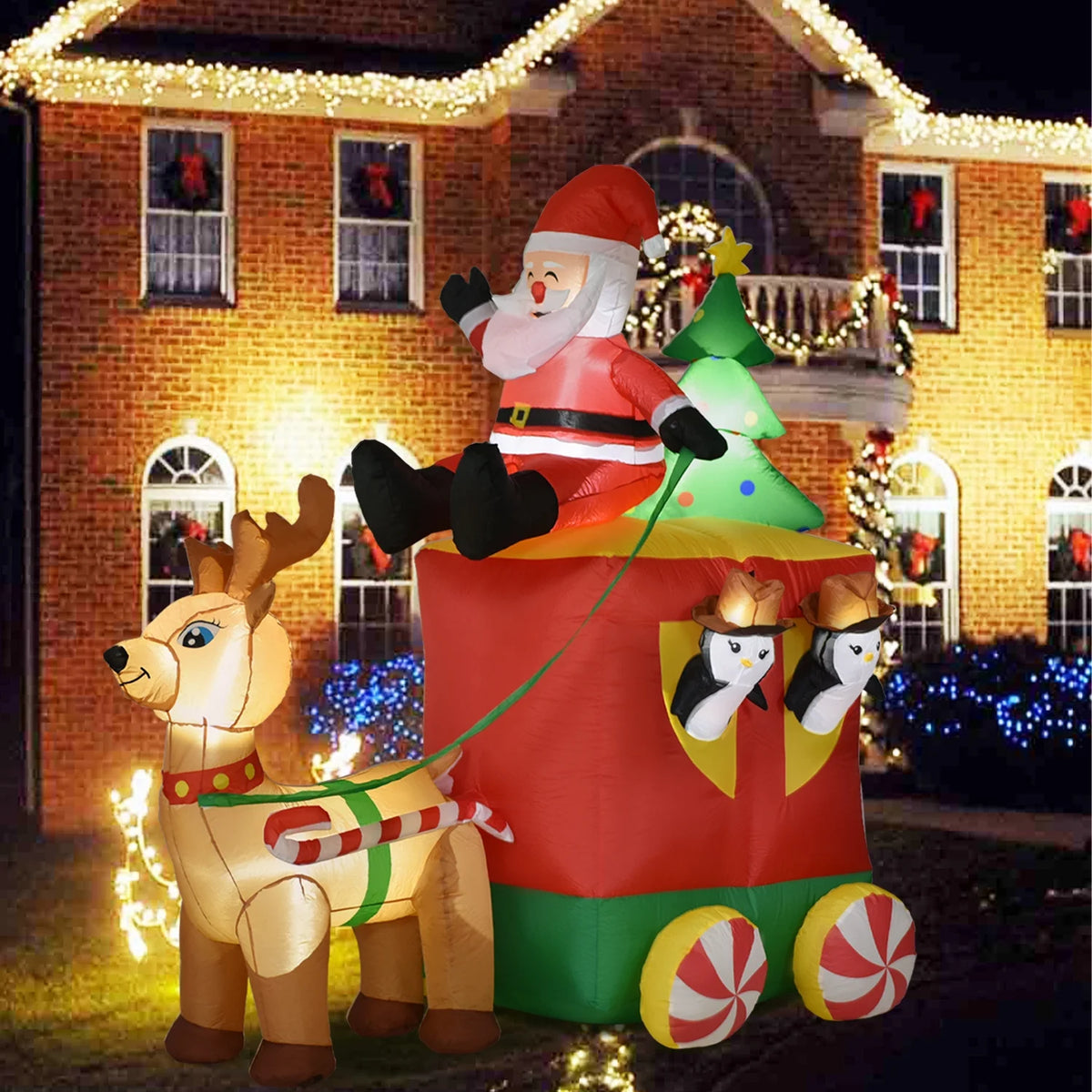 6.2FT Inflatable Elk with Santa Claus Penguin and Christmas Tree Outdoor Yard Decoration X6871