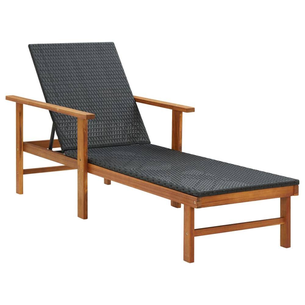 Black Poly Rattan and Solid Acacia Wood Sun Lounger L664