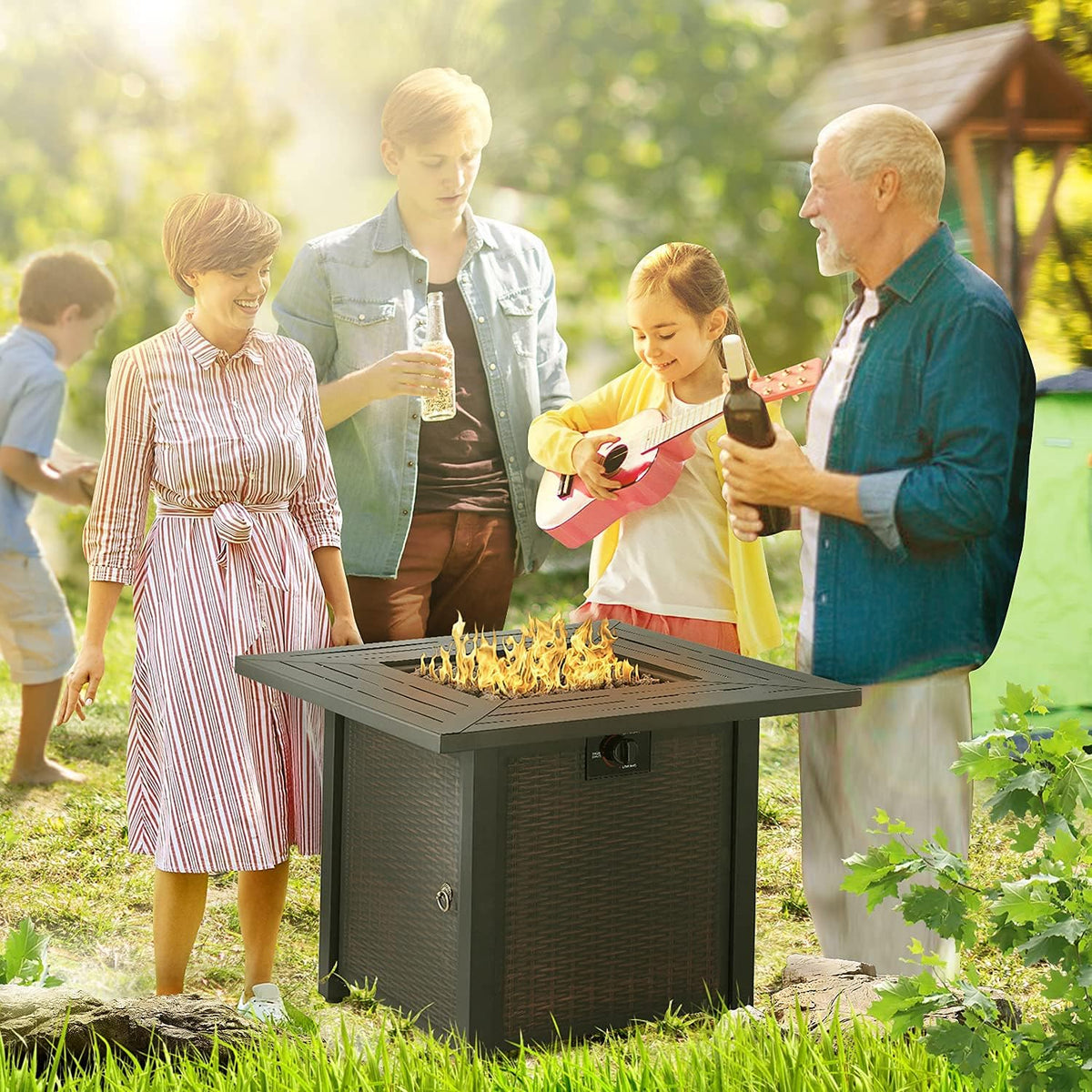 28 Inch Square Propane Fire Pit Table with Lid, Lava Stone, 50,000 BTU Auto-Ignition Y5152