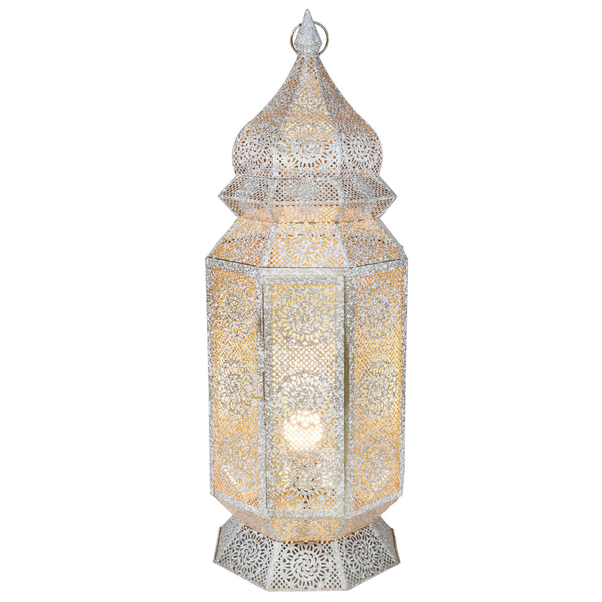 Distressed White and Gold Moroccan Cut-Out Floor Lantern Lamp U89694
