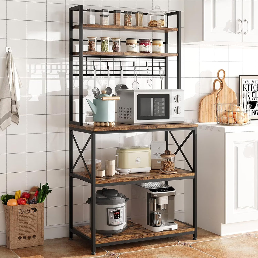 5-Tier Kitchen Utility Storage Shelf with 6 Hooks, Rustic Brown C39918