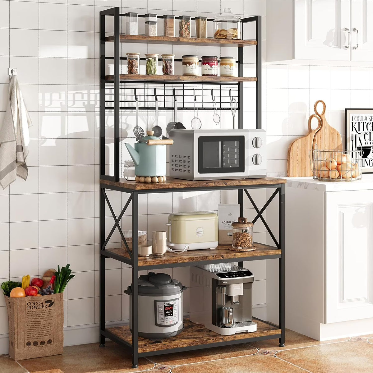 5-Tier Kitchen Utility Storage Shelf with 6 Hooks, Rustic Brown C39918