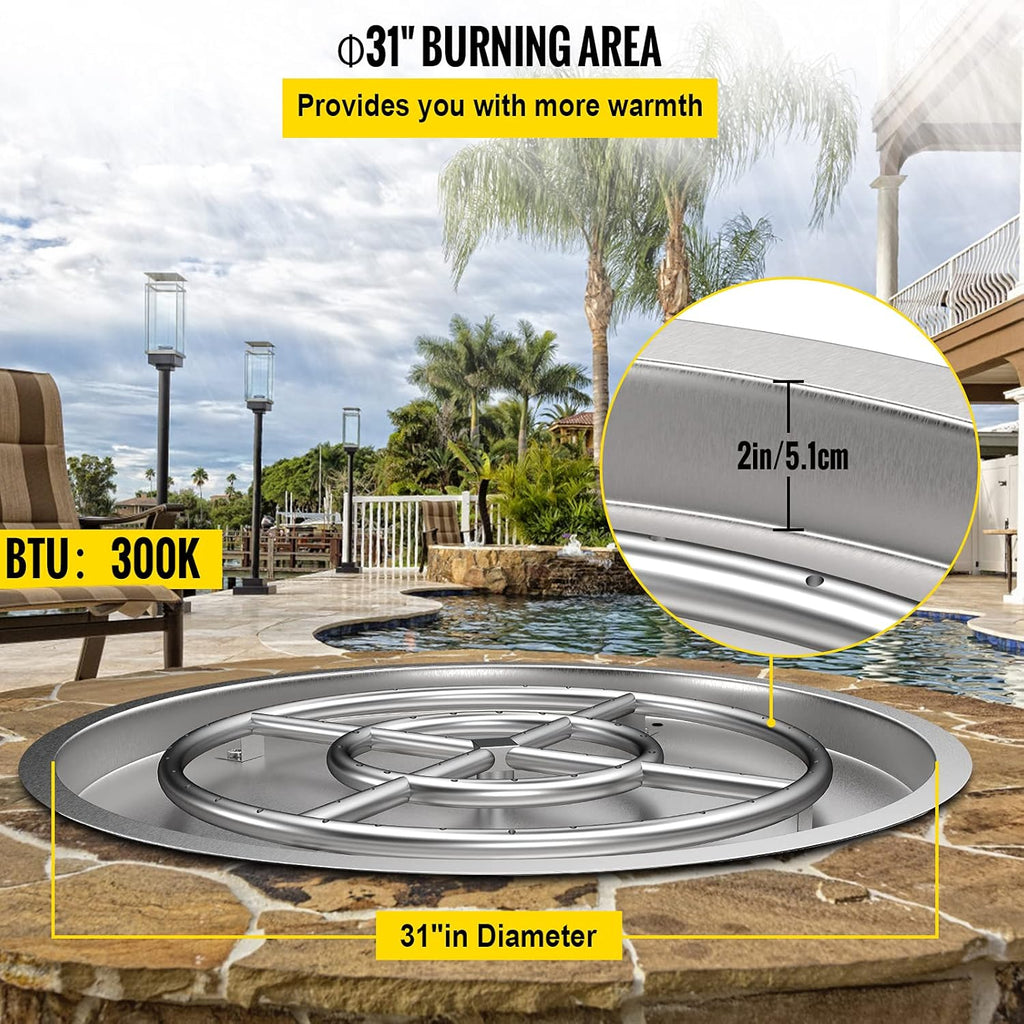 31 x 31 Round Stainless Steel Gas Fire Pit Burner Pan with Volcanic Rock Insert Q944121