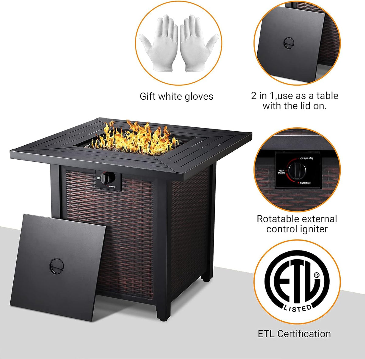 28 Inch Square Propane Fire Pit Table with Lid, Lava Stone, 50,000 BTU Auto-Ignition Y5152