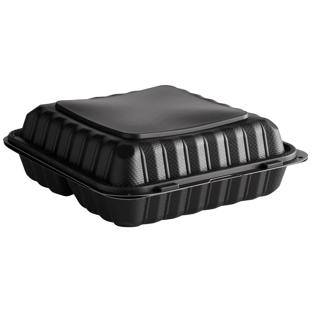 3-Compartment Microwaveable Black Plastic Take-Out Container - 150/Case X343640