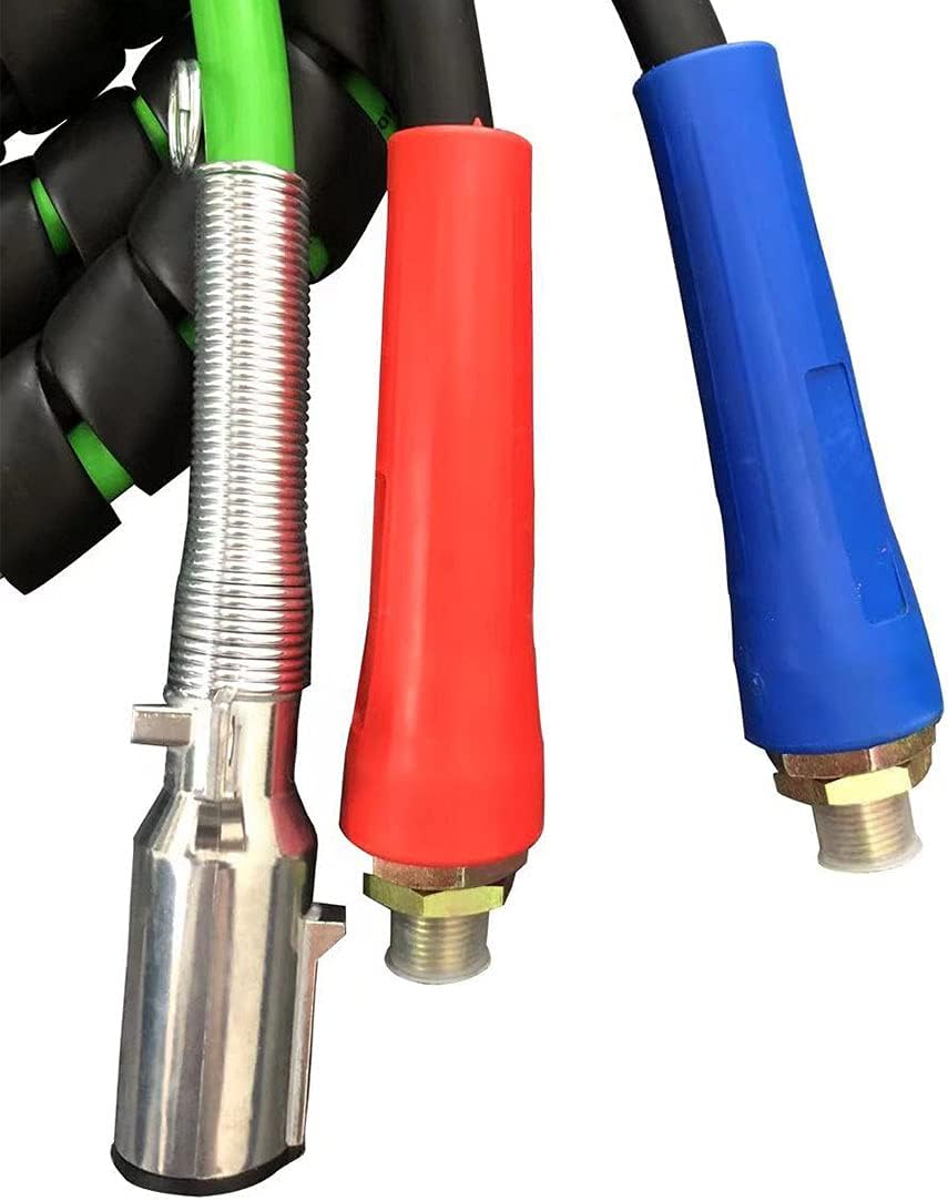 3 in 1 Spiral Wrap ABS Electrical Cord and Rubber Air Line Polyester Braided Hose Assemblies 15ft Length Wrap Set Heavy Duty 7 Way Electrical Trailer Cord L46239