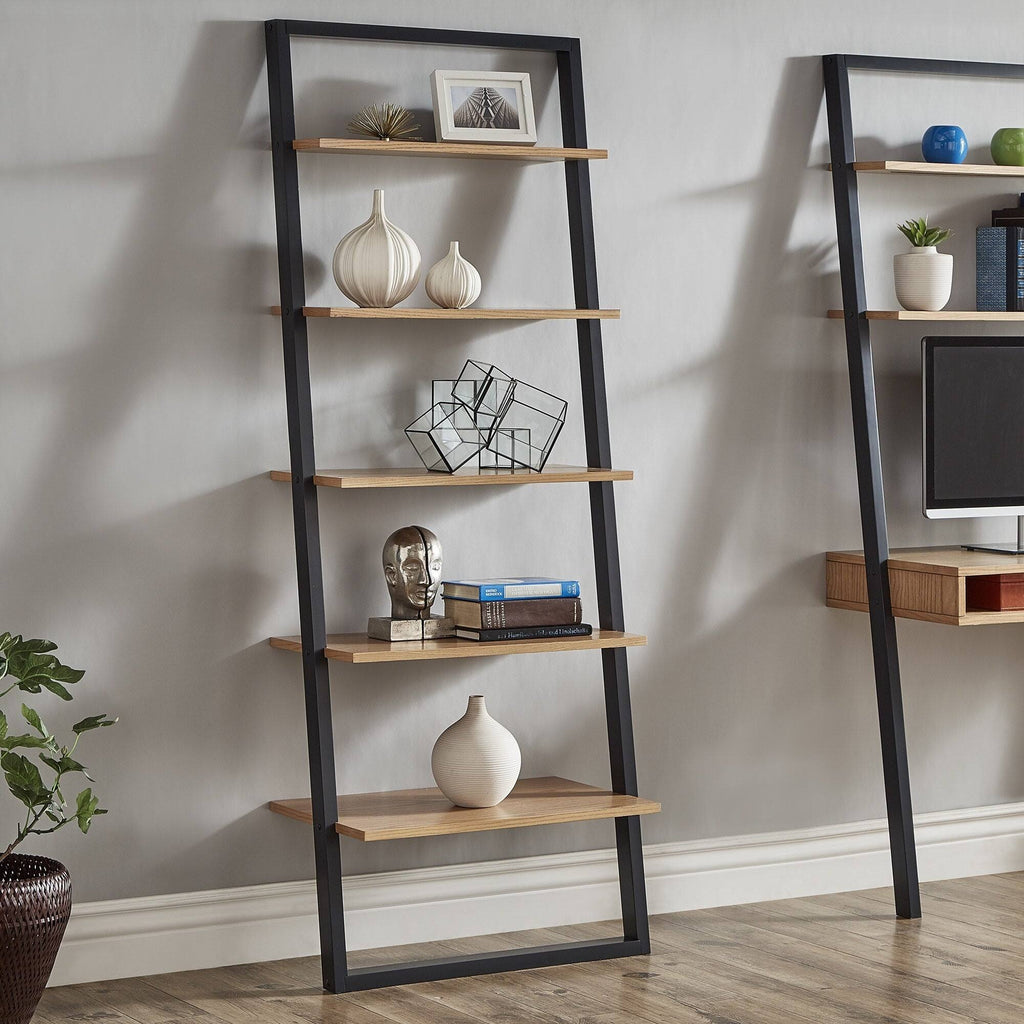Black and Oak Finish Leaning Ladder Shelves O8416