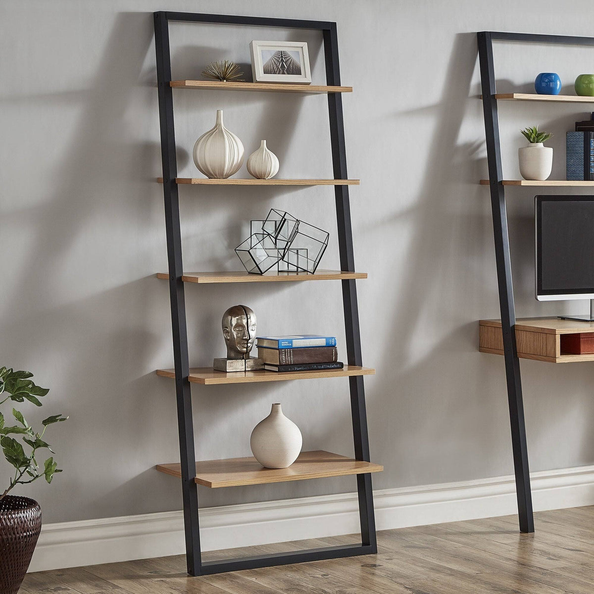 Black and Oak Finish Leaning Ladder Shelves O8416