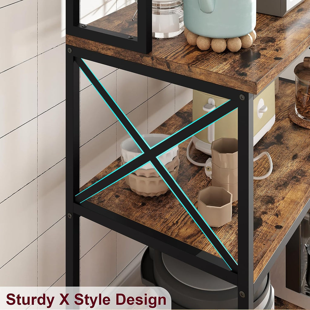 5-Tier Kitchen Utility Storage Shelf with 6 Hooks, Rustic Brown C39918