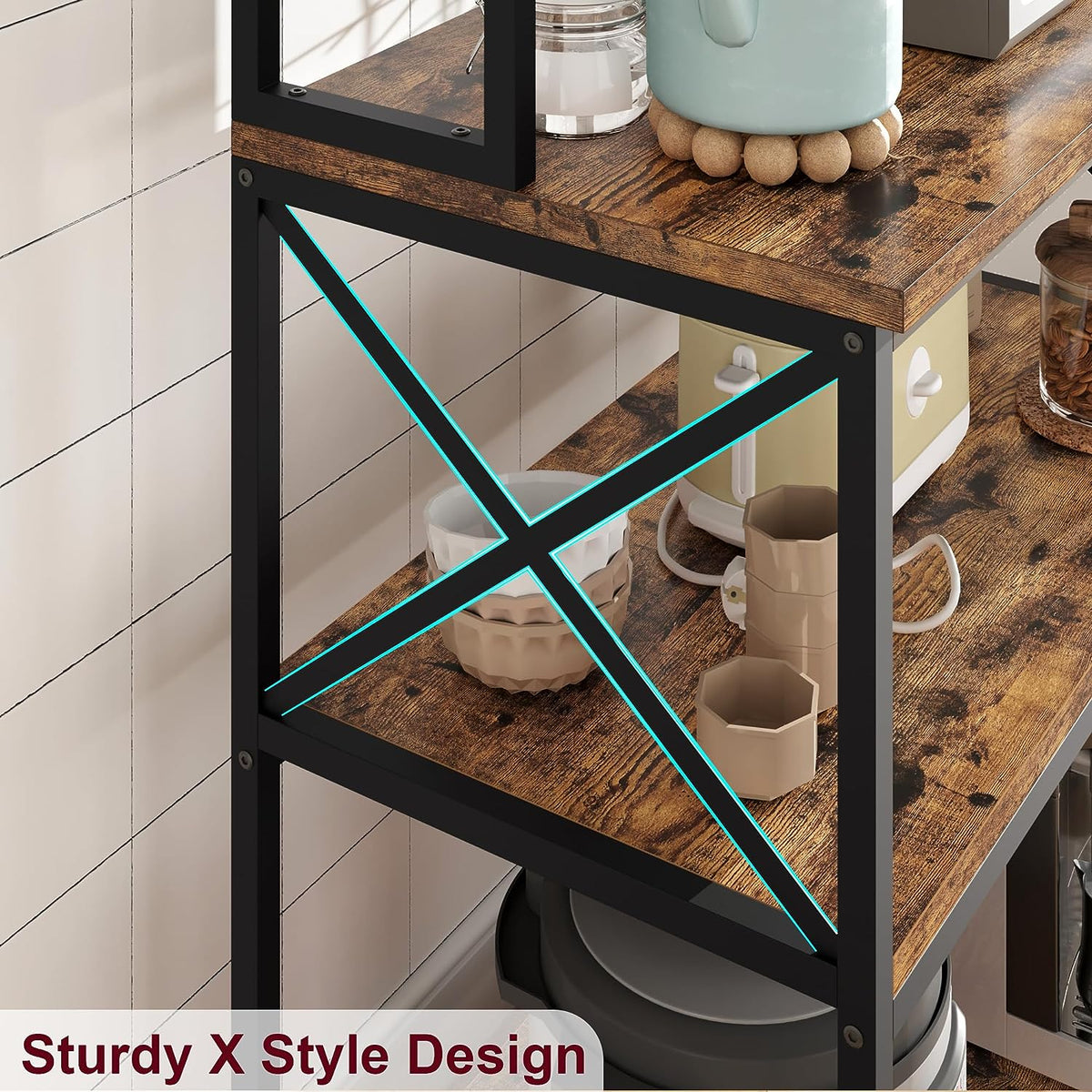 5-Tier Kitchen Utility Storage Shelf with 6 Hooks, Rustic Brown C39918