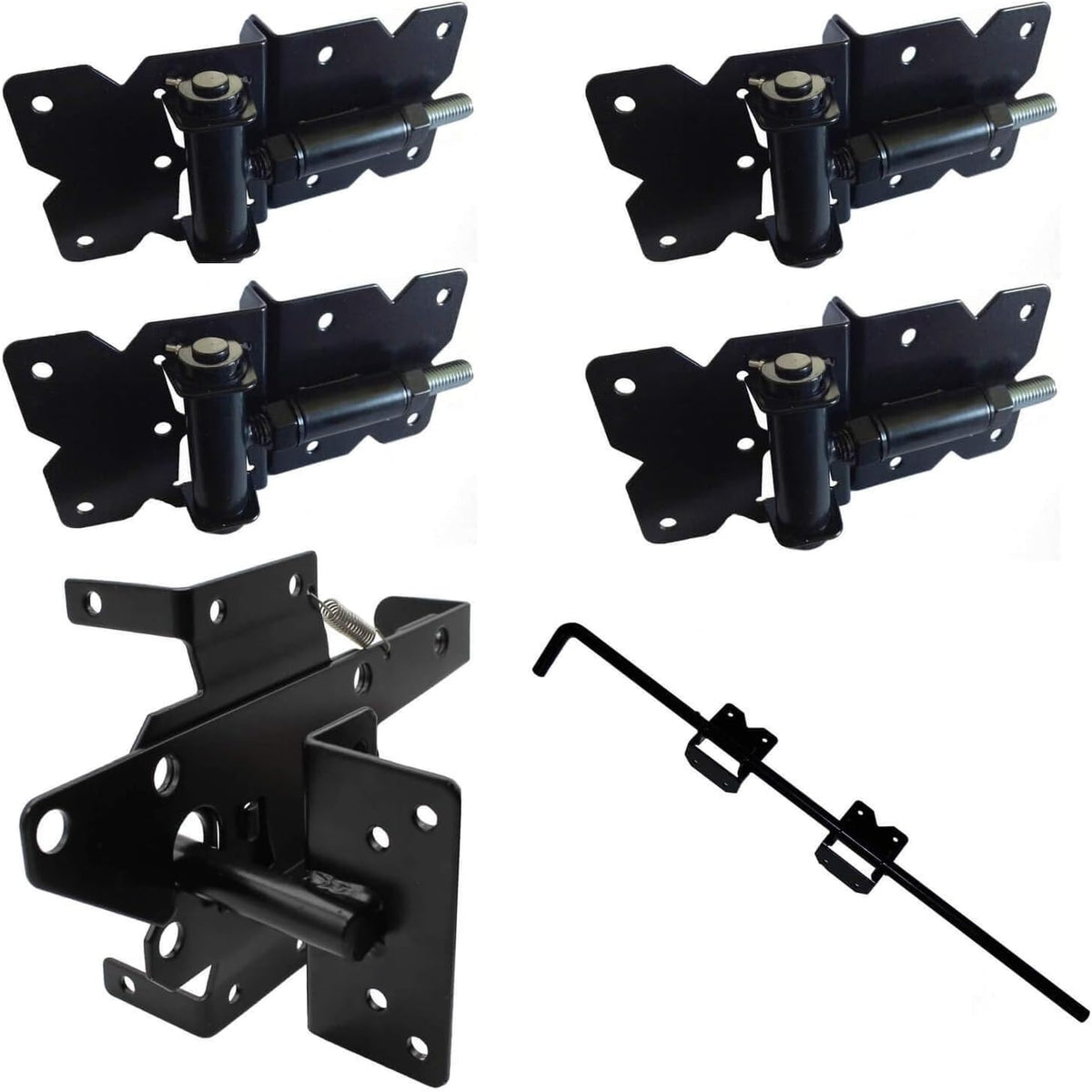 Black Double Fence Gate Hardware Kit with 4 Hinges, 1 Latch, 1 Drop Rod H3738