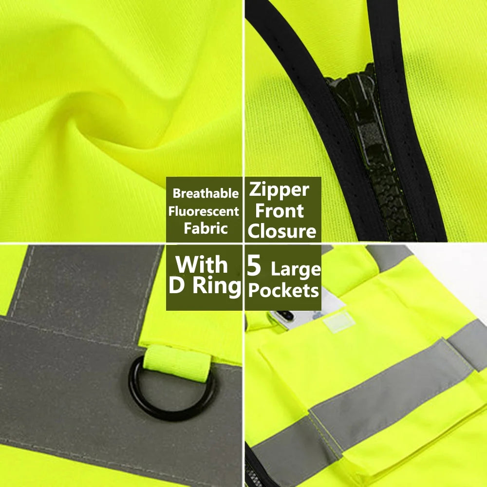 5 Pockets High Visibility Zipper Front Safety Vest with Reflective Strips, Pack of 10 G6509