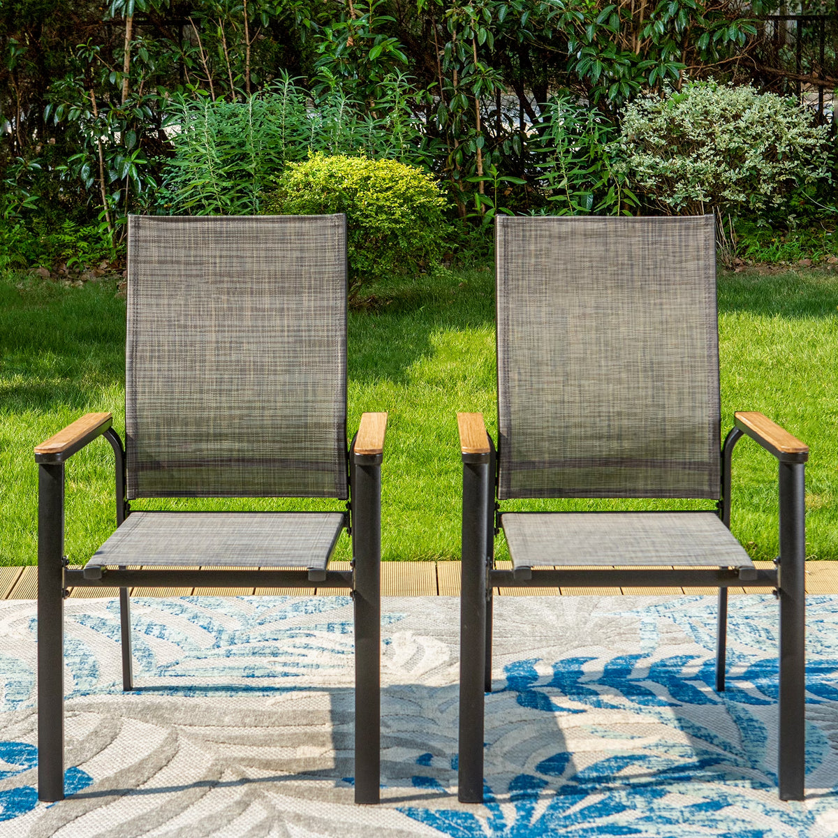 Set of 2 Outdoor Patio Dining Stackable Chairs with Aluminum Frame, Black & Gray V32979