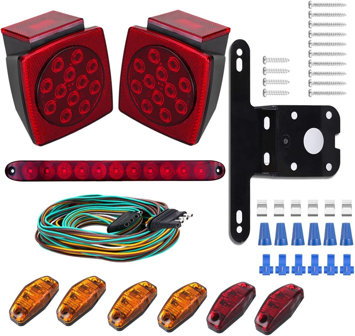 LED Trailer Lights Kit, Submersible Square Stop Turn Tail Lights with Wire & Bracket, Red/Amber Side Marker Lights, 3rd Brake ID Light Bar T368793