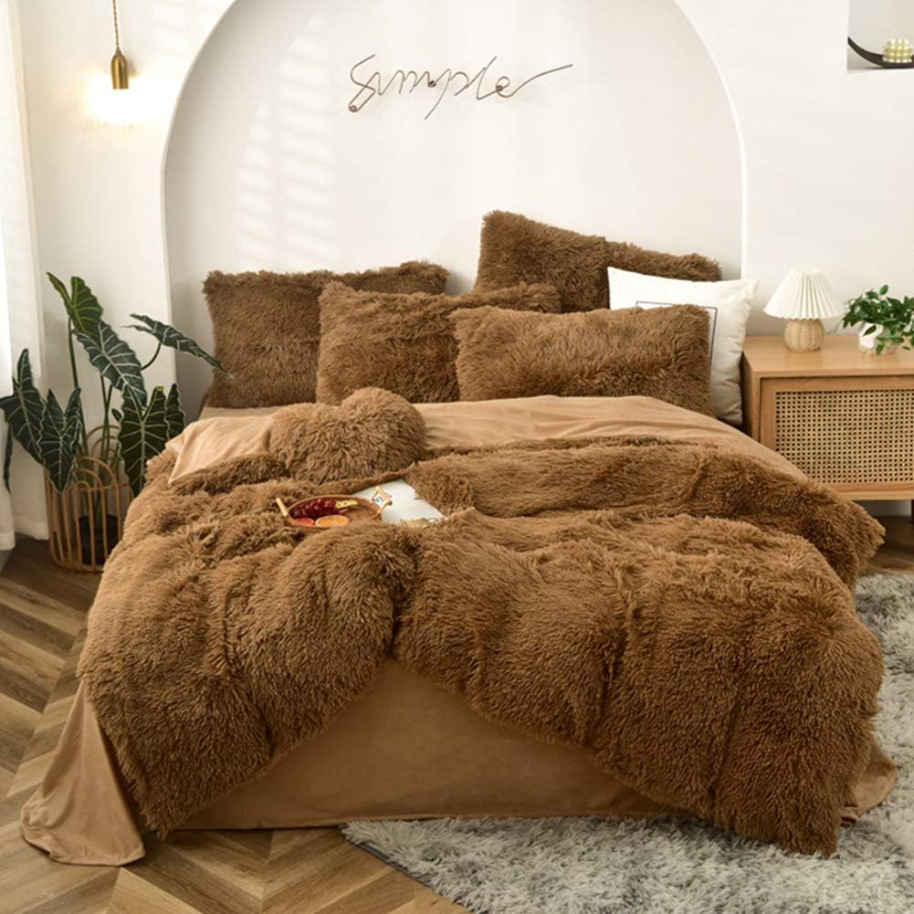 5 PCS Shaggy Duvet Cover Bedding Set King/California King Mango Yellow G532