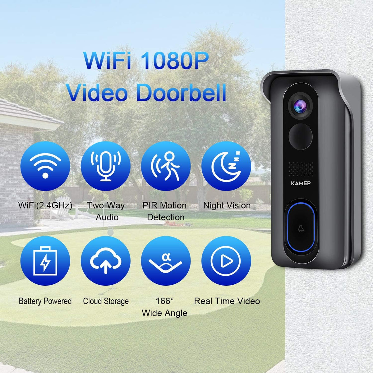 Wireless WiFi Video Doorbell Camera HD 1080P Waterproof Battery Powered with 2-Way Audio Motion Detection IR Wide Angle Cloud Storage A285