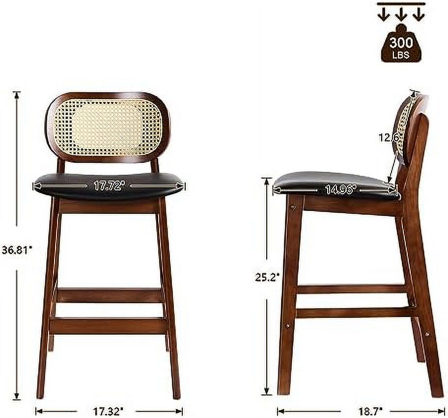 Black Leather Rattan Barstools Set of 2 with Wood Frame S690