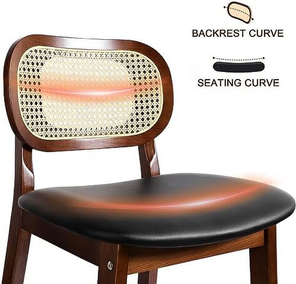 Black Leather Rattan Barstools Set of 2 with Wood Frame S690