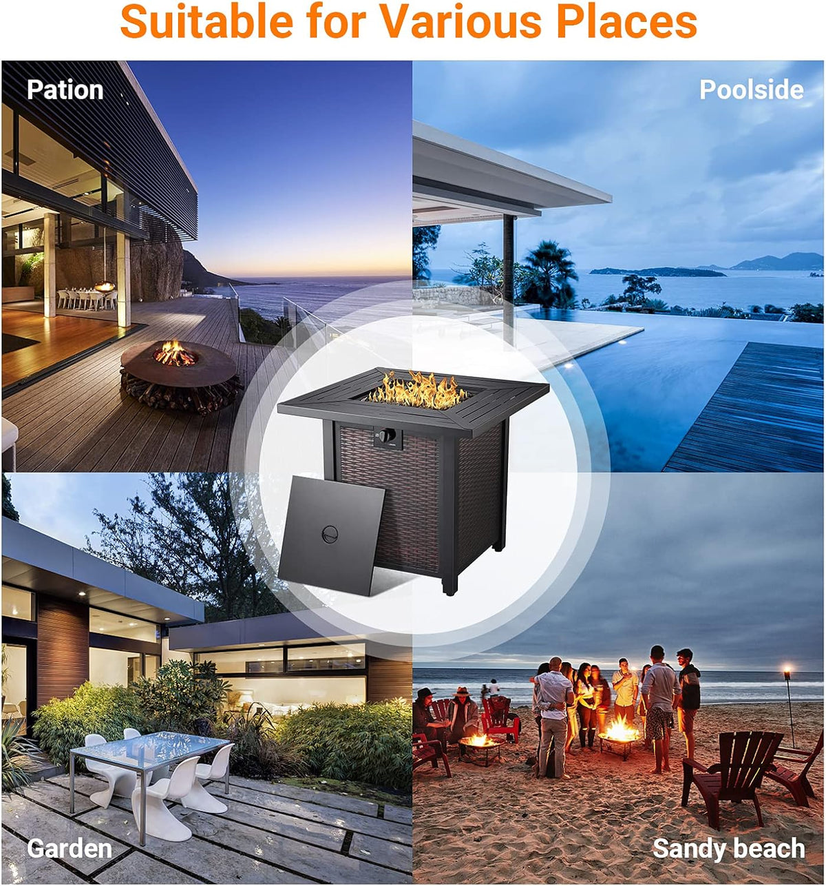 28 Inch Square Propane Fire Pit Table with Lid, Lava Stone, 50,000 BTU Auto-Ignition Y5152