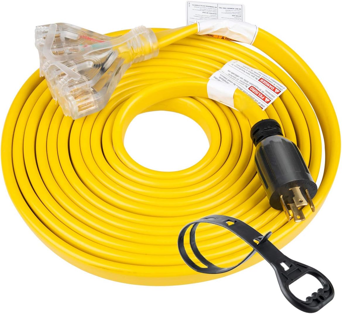 25 Feet Heavy Duty Generator Adapter Extension Cord, NEMA L14-30P to Four 5-20R, 4 Prong 10 Gauge Flat Generator Cable, 125/250V 30Amp 7500 Watts A64049