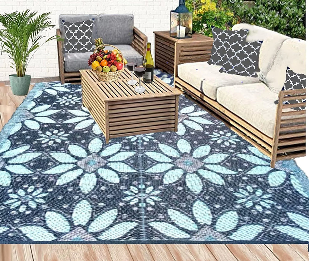 Outdoor Plastic Straw Patio Rugs 2 PK 5 by 7 Feet Blue Black Grey Reversible Waterproof Mats T665