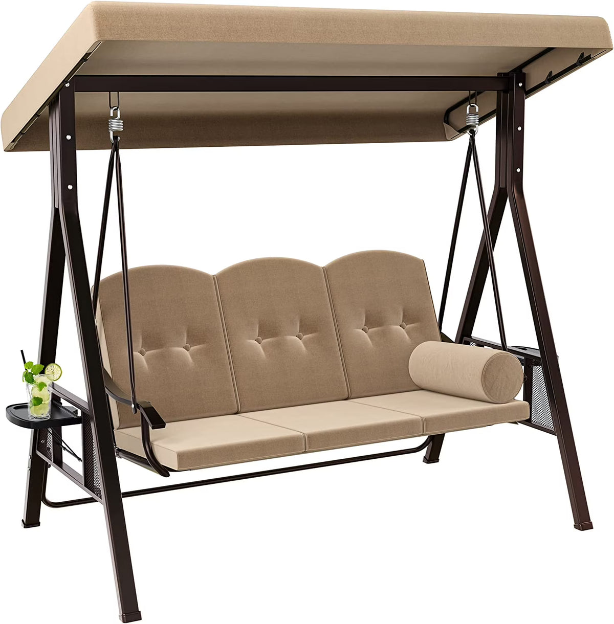 Brown 3-Seat Steel Frame Porch Swing with Canopy and Cushions M536