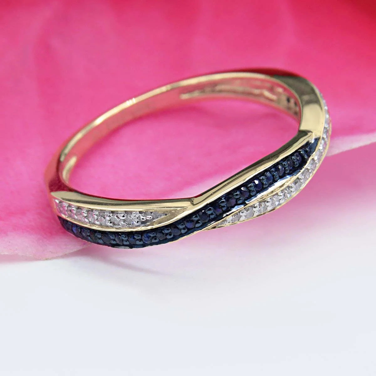 10K Yellow Gold Blue Sapphire White Diamond Ring Size 7.5 J947472