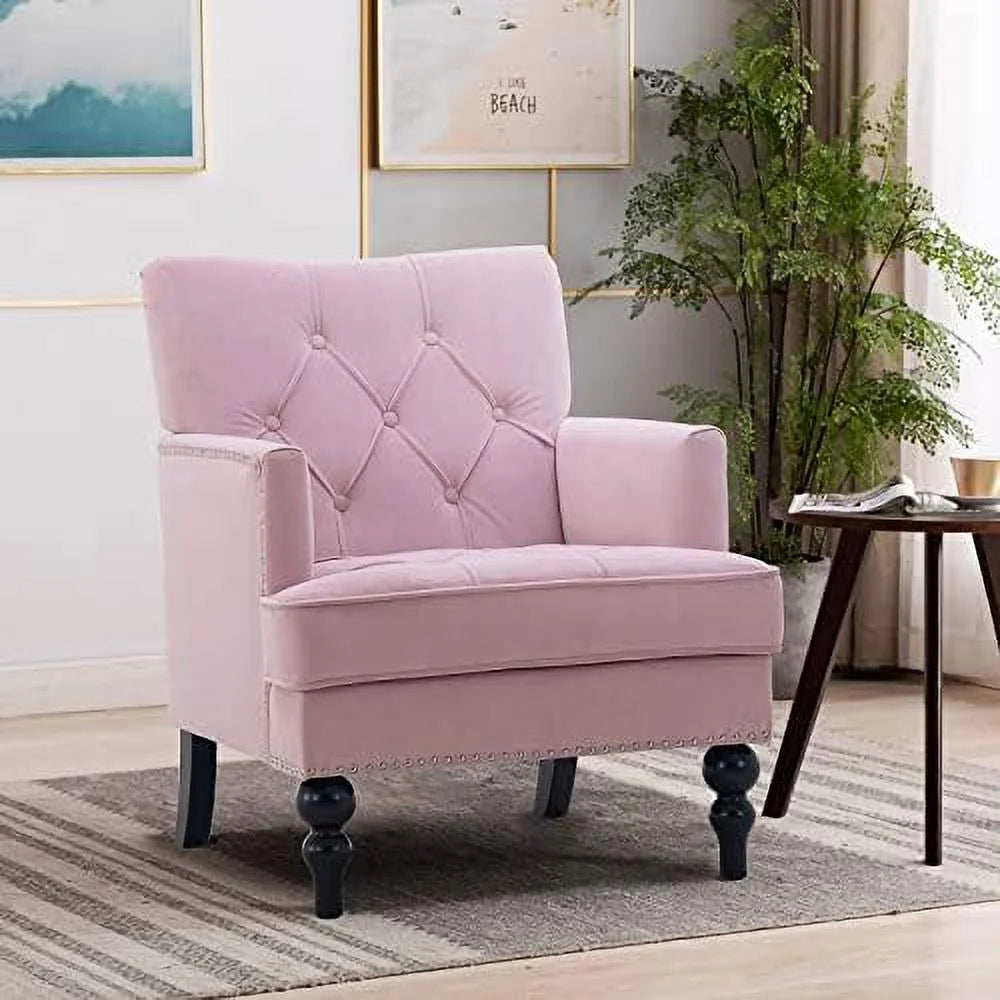 Pink Tufted Velvet Club Chair with Wooden Legs H967224