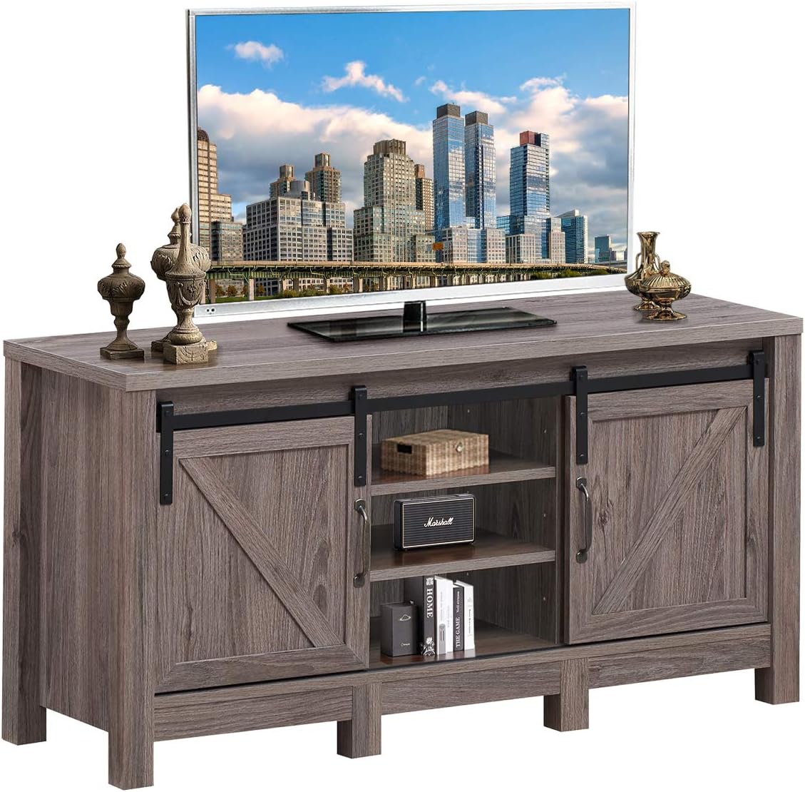 Deep Taupe Wood TV Stand with Sliding Barn Door X44938