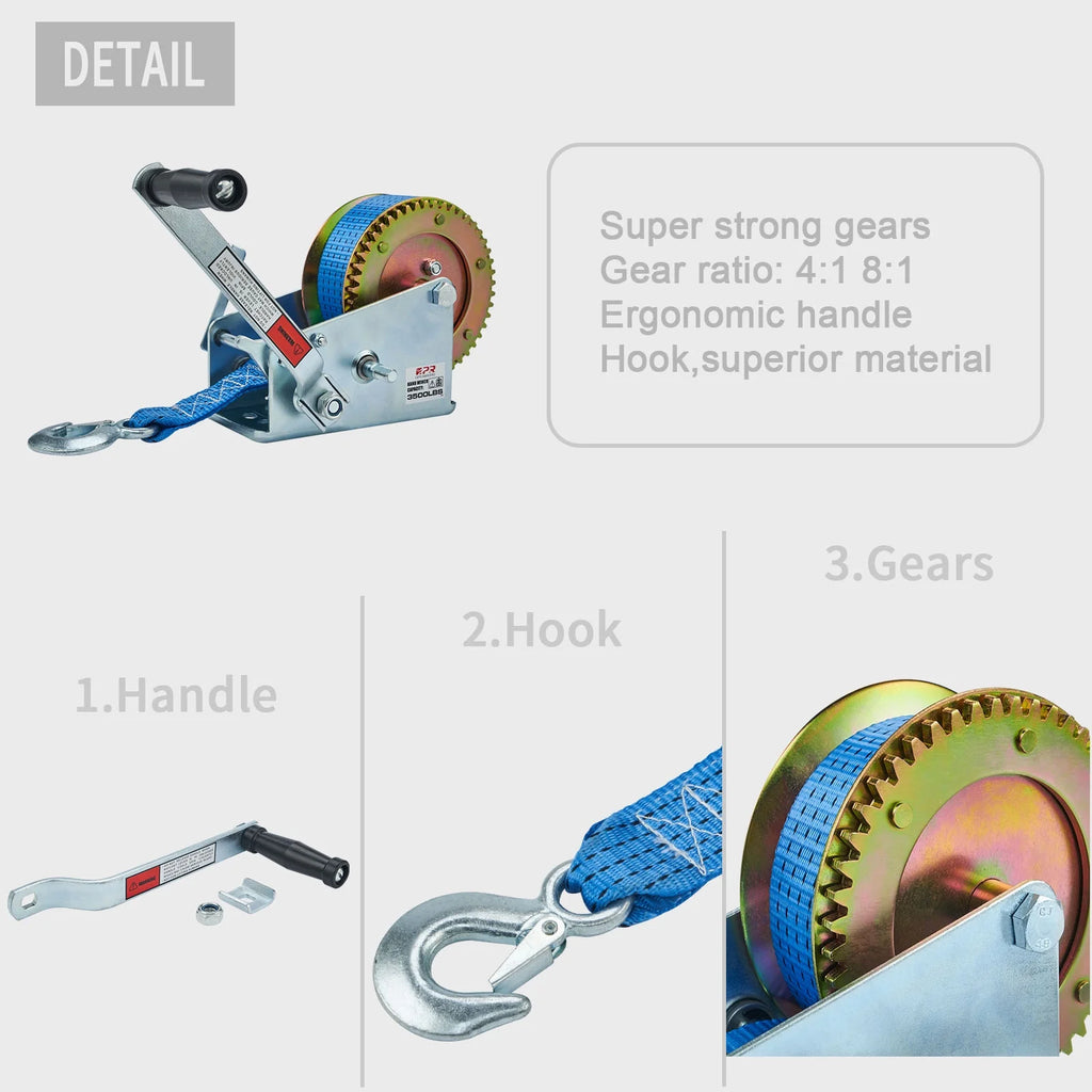 3500lbs Manual Boat Trailer Winch with 32ft Strap J628
