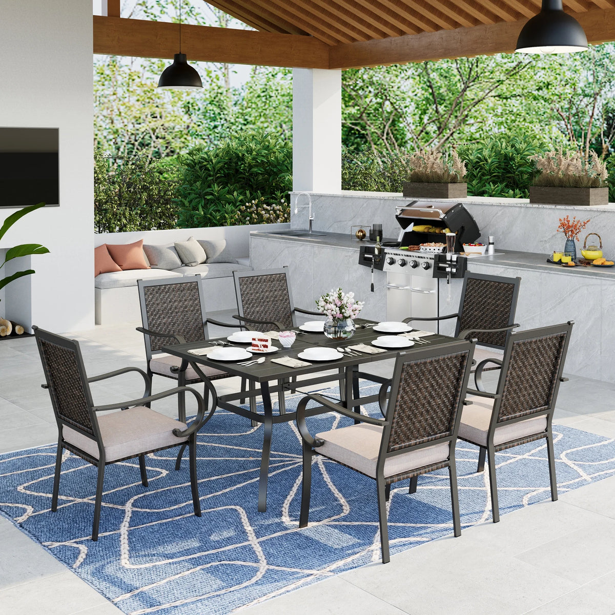 2-Piece Patio Rattan Wicker Armrest Chairs with Beige Cushion H8669