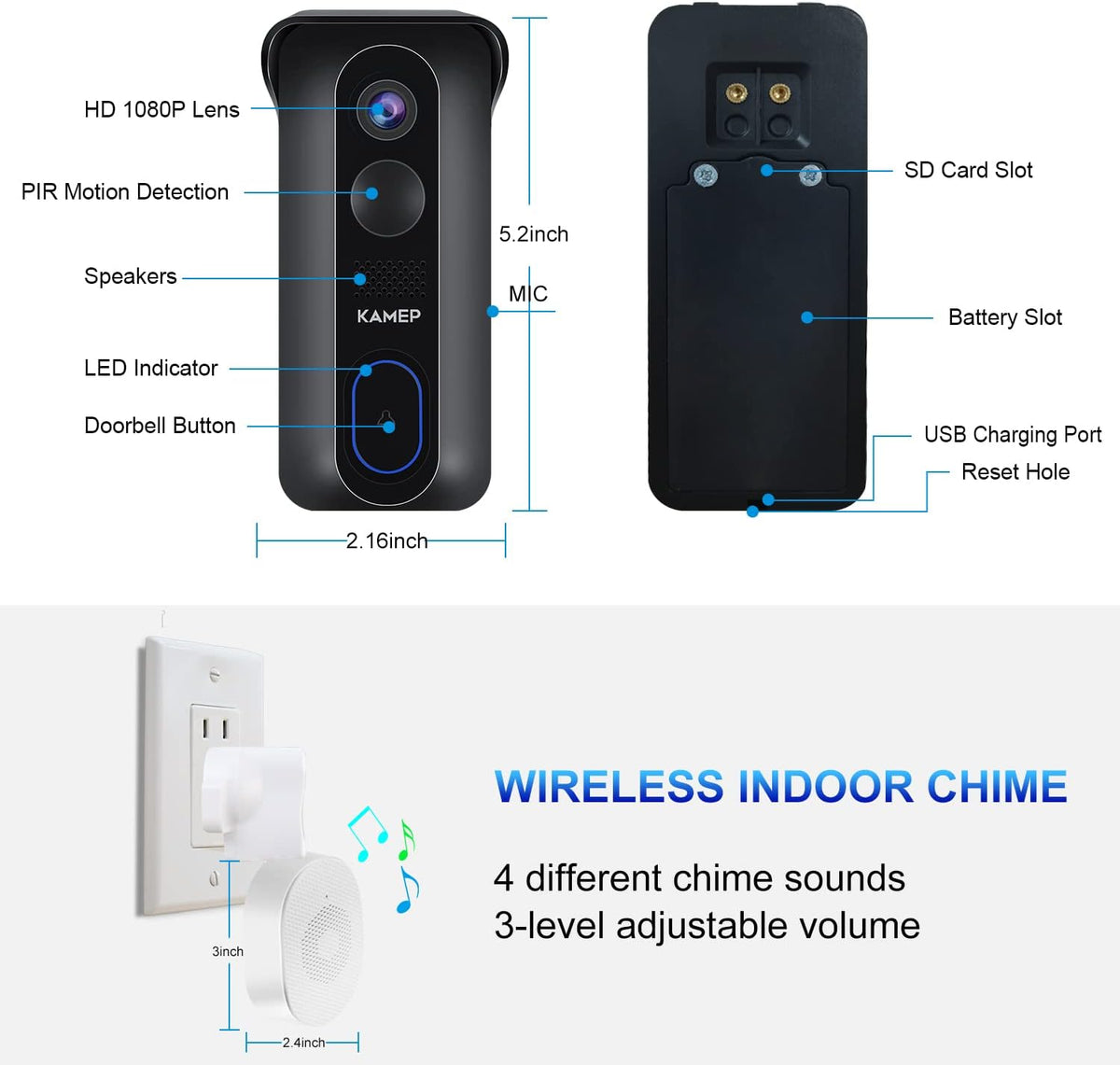Wireless WiFi Video Doorbell Camera HD 1080P Waterproof Battery Powered with 2-Way Audio Motion Detection IR Wide Angle Cloud Storage A285