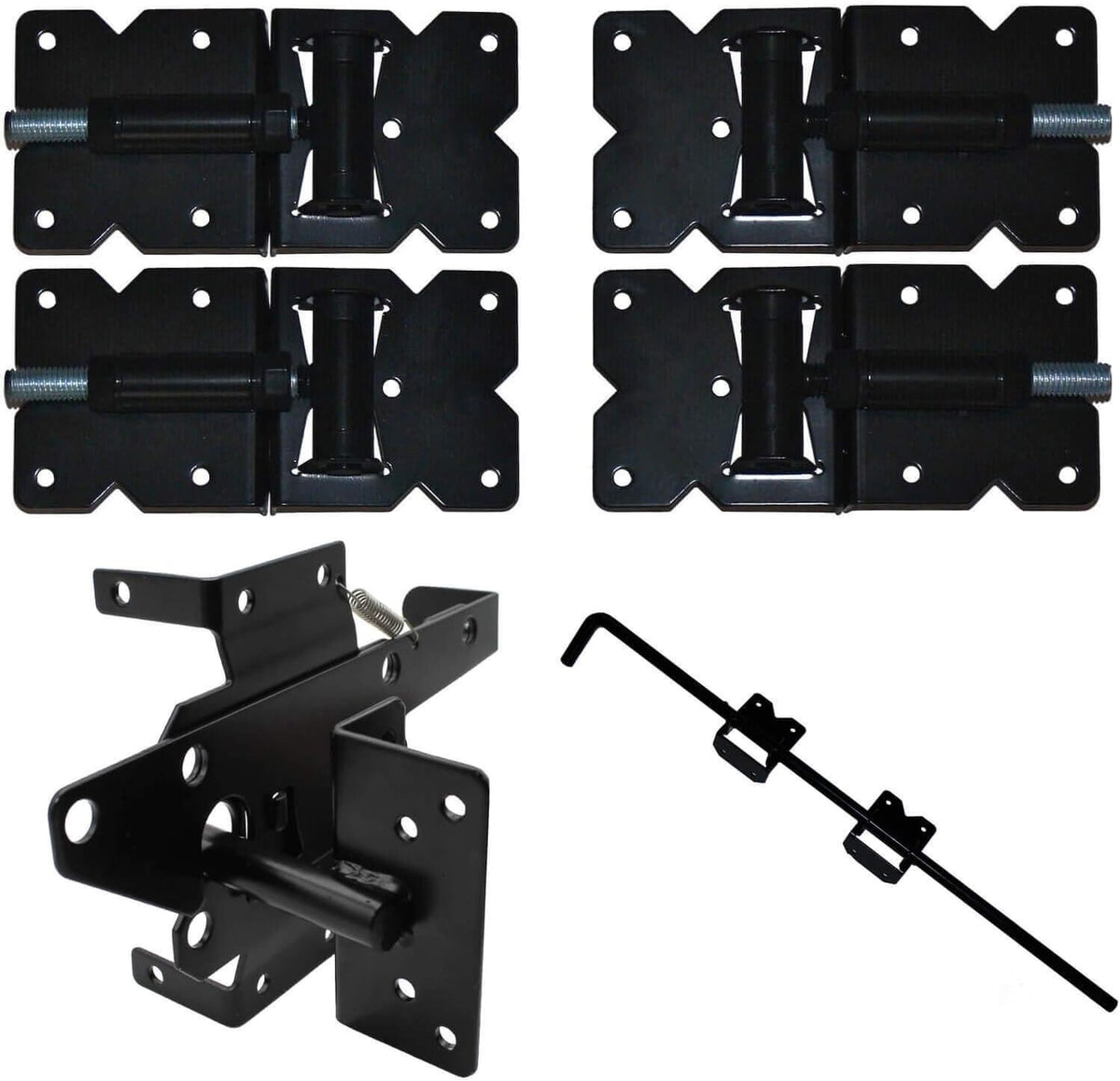 Black Double Fence Gate Hardware Kit with 4 Hinges, 1 Latch, 1 Drop Rod H3738