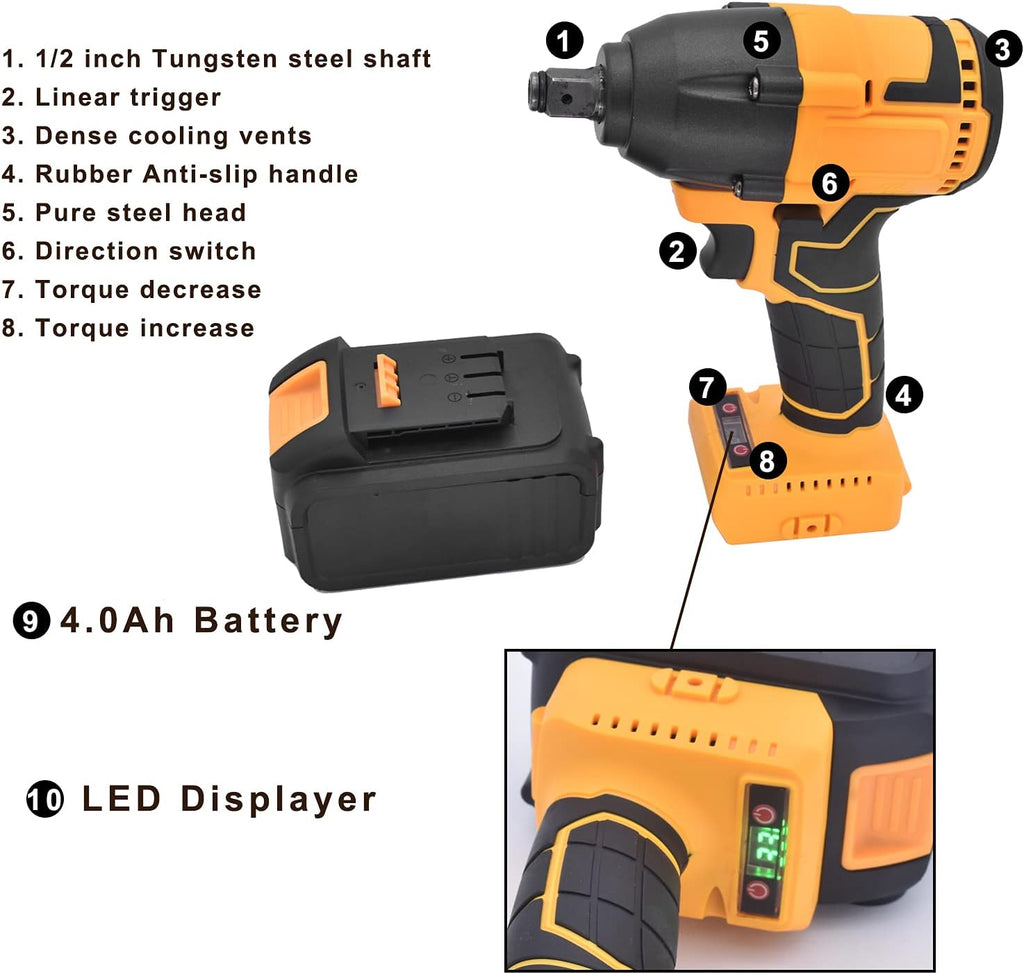 Cordless Impact Wrench Set with 2 × 4.0 Ah Battery, 1/2 Inch Chuck, Brushless Motor F356997