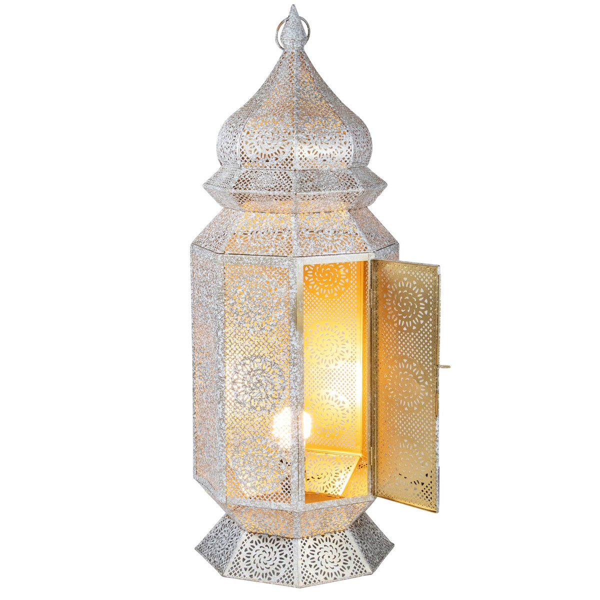 Distressed White and Gold Moroccan Cut-Out Floor Lantern Lamp U89694