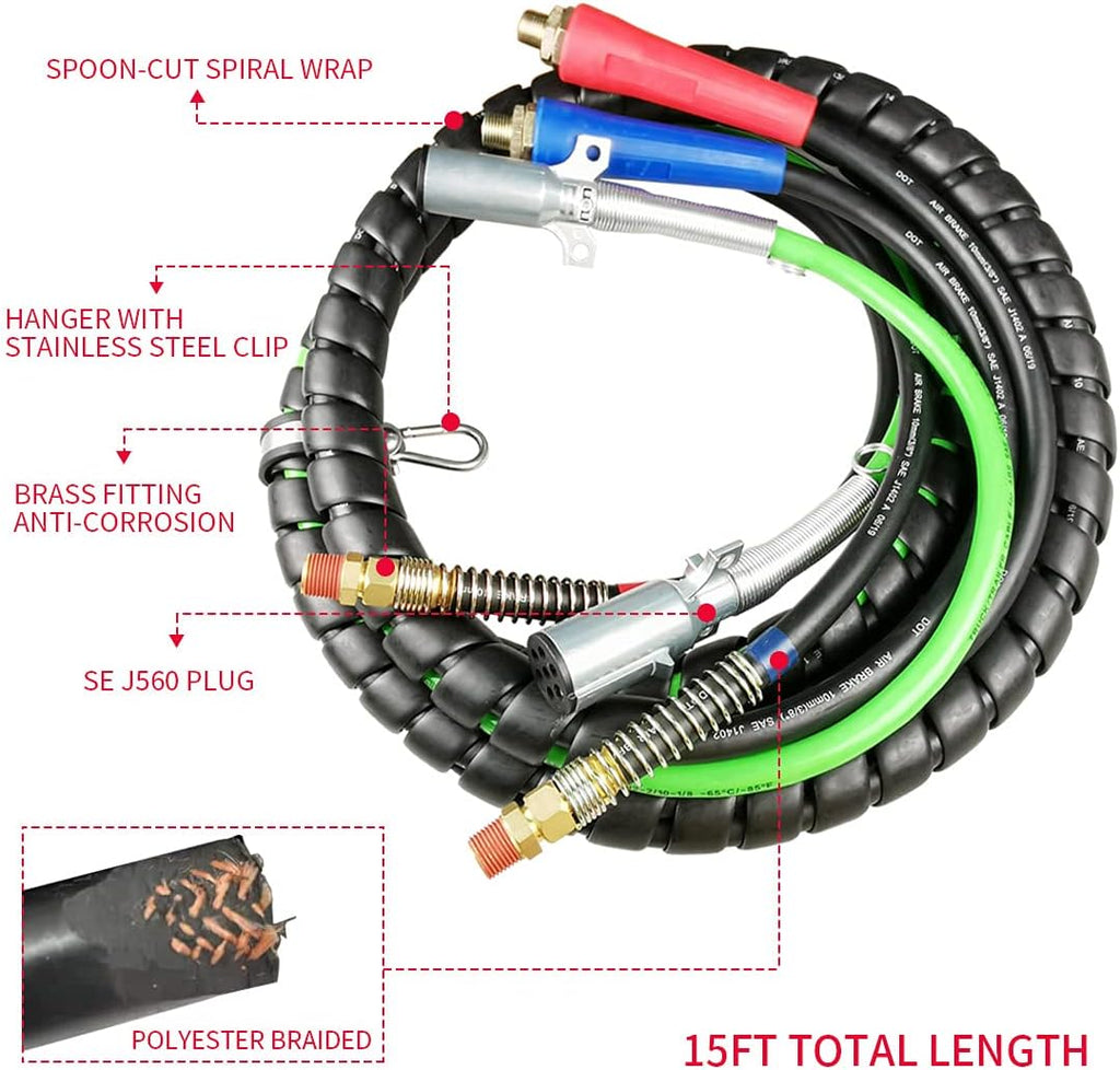 3 in 1 Spiral Wrap ABS Electrical Cord and Rubber Air Line Polyester Braided Hose Assemblies 15ft Length Wrap Set Heavy Duty 7 Way Electrical Trailer Cord L46239